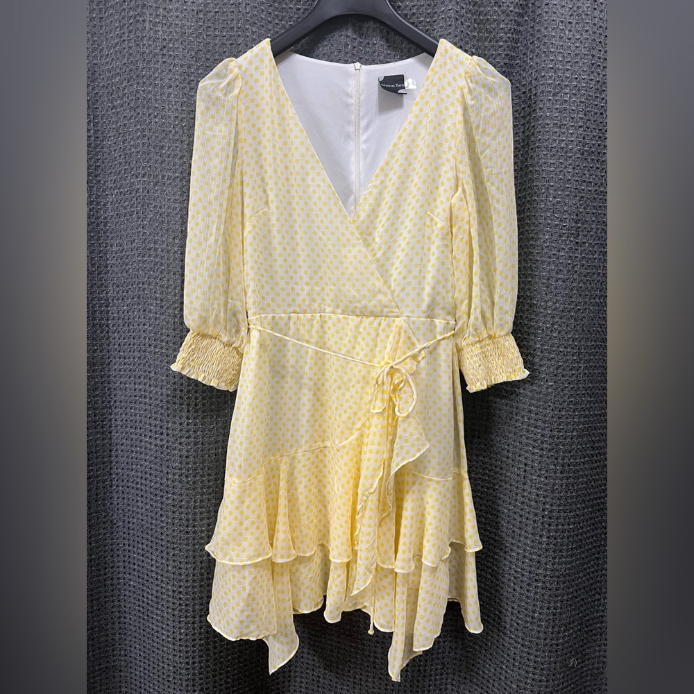 Maison Tara V-Neck A-Line Casual Dress Size 12 Yellow Polka Dot